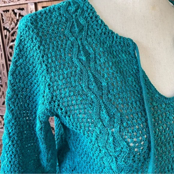 Vintage Teal Cotton Crochet Knit Tie-Neck Quarter Sleeve Sweater Boho Beach - Picture 6 of 13
